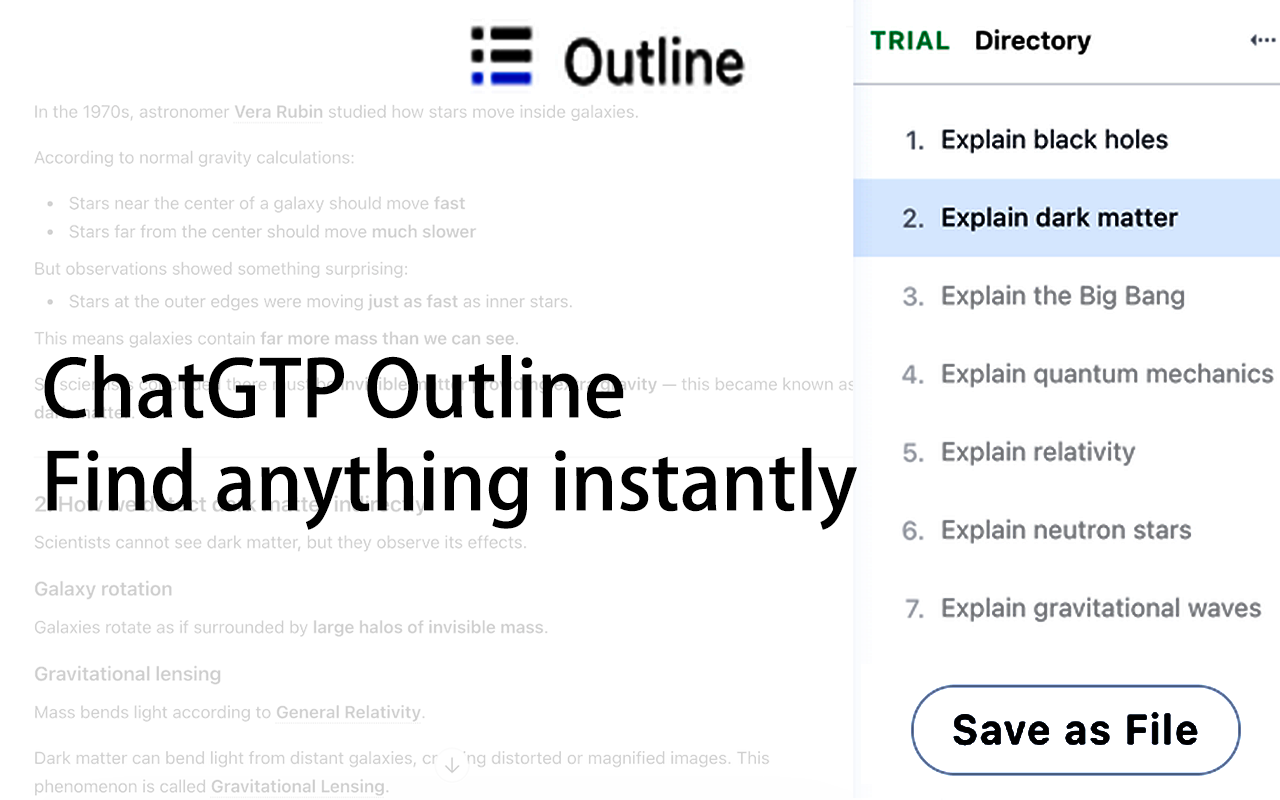 ChatGPT Outline preview showing a clean sidebar outline for a long chat.